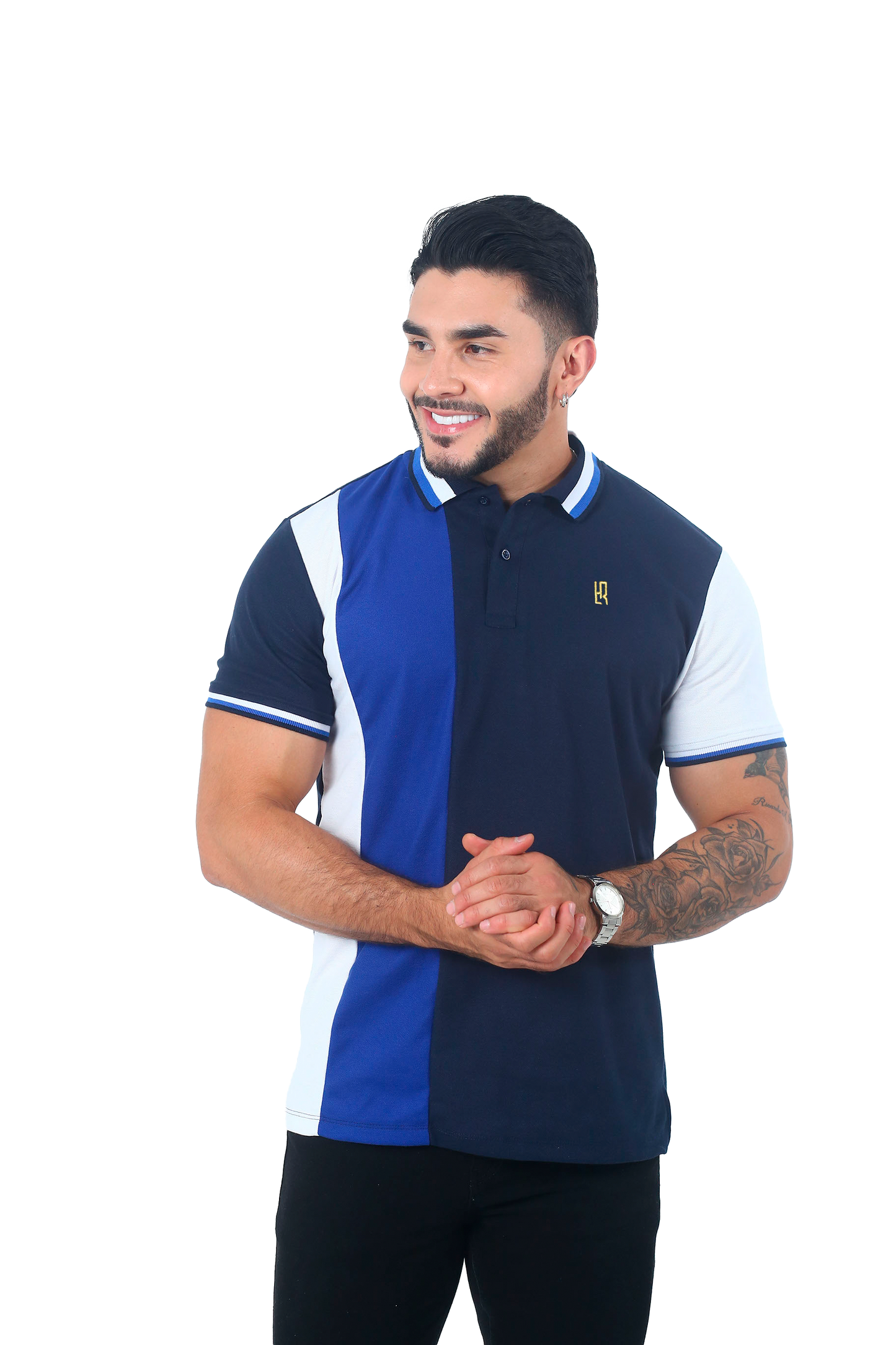 Camiseta Polo Combinada BLANCO AZUL OSCURO JASPE-016C