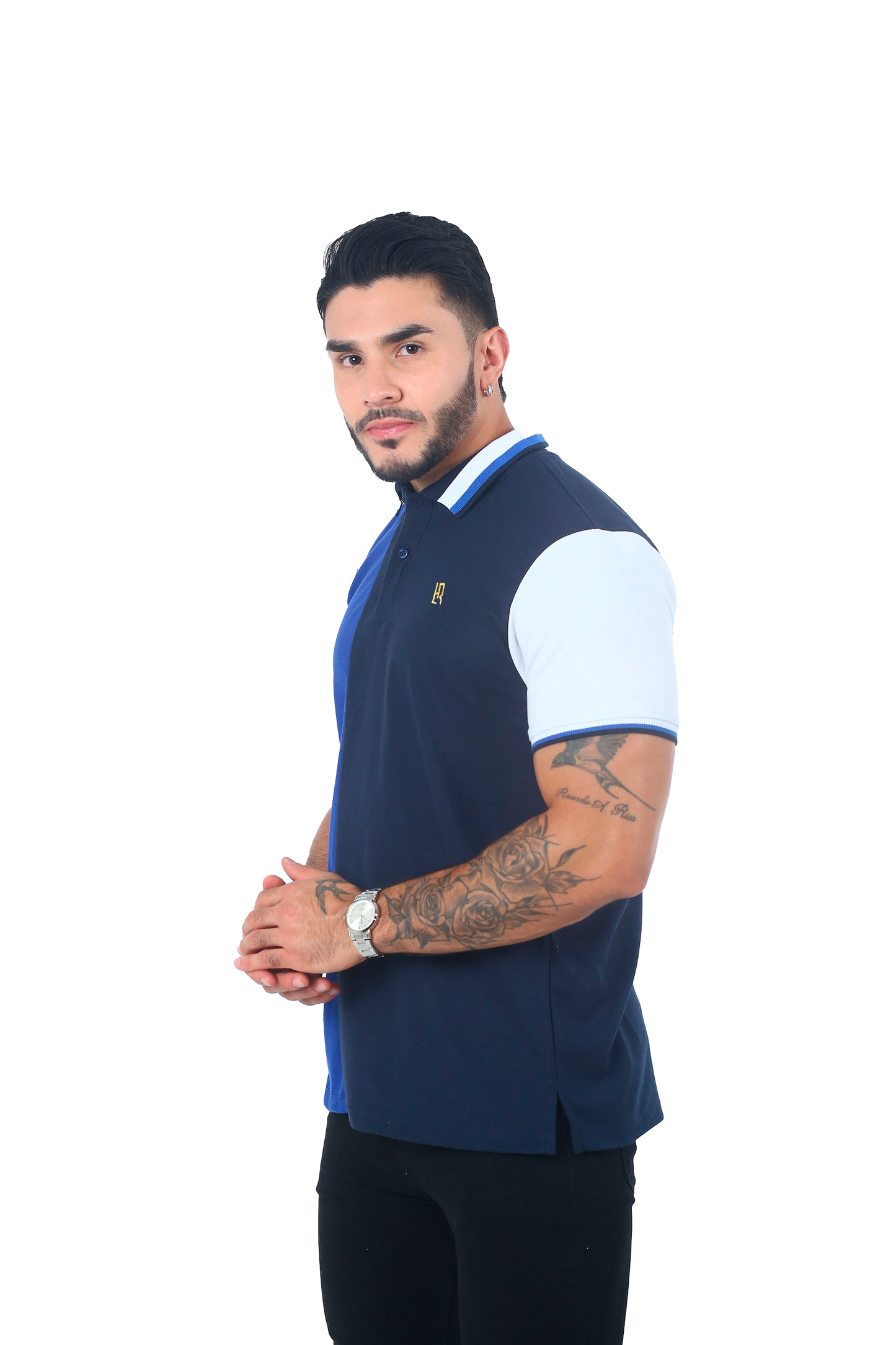 Camiseta Polo Combinada BLANCO AZUL OSCURO JASPE-016C