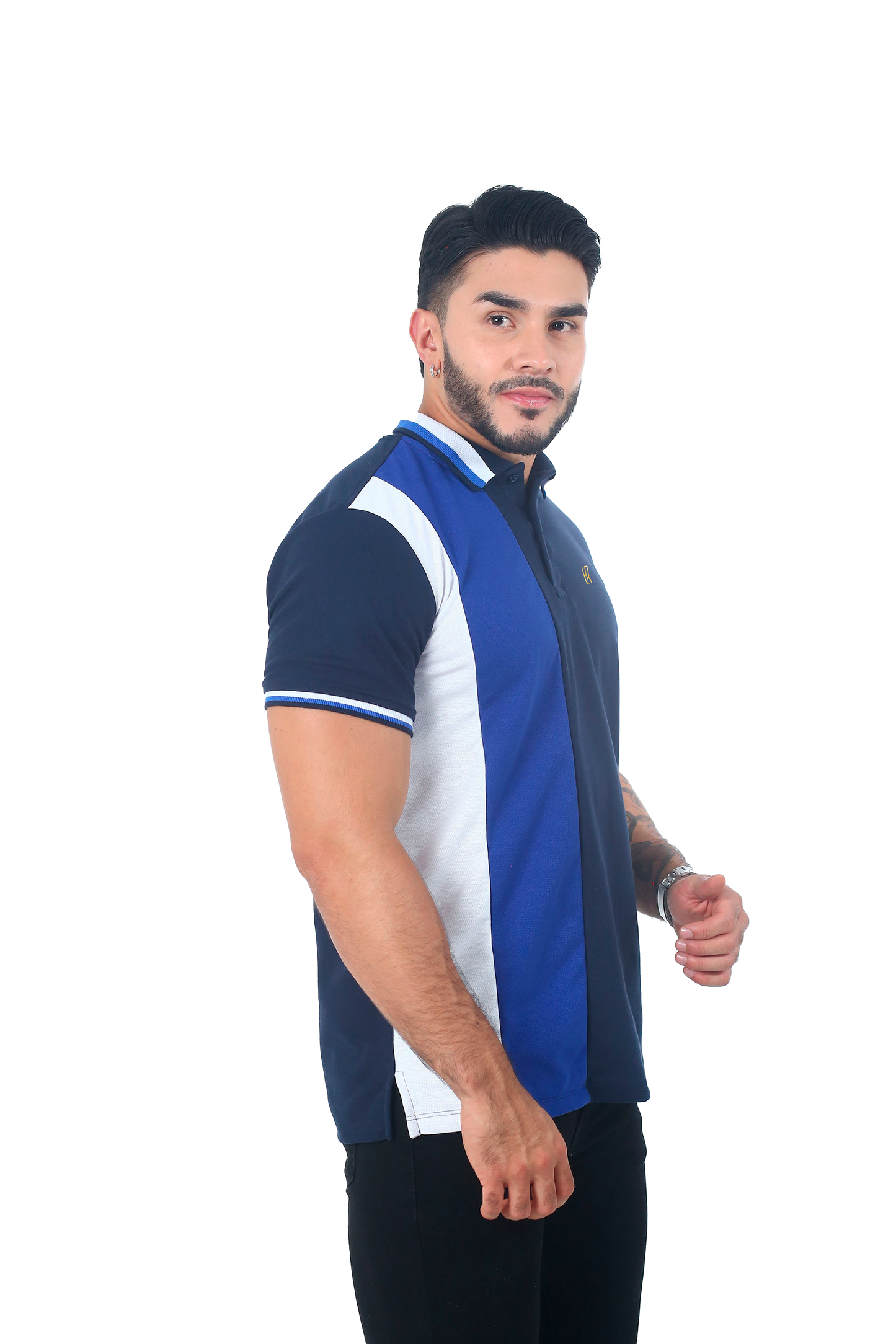 Camiseta Polo Combinada BLANCO AZUL OSCURO JASPE-016C