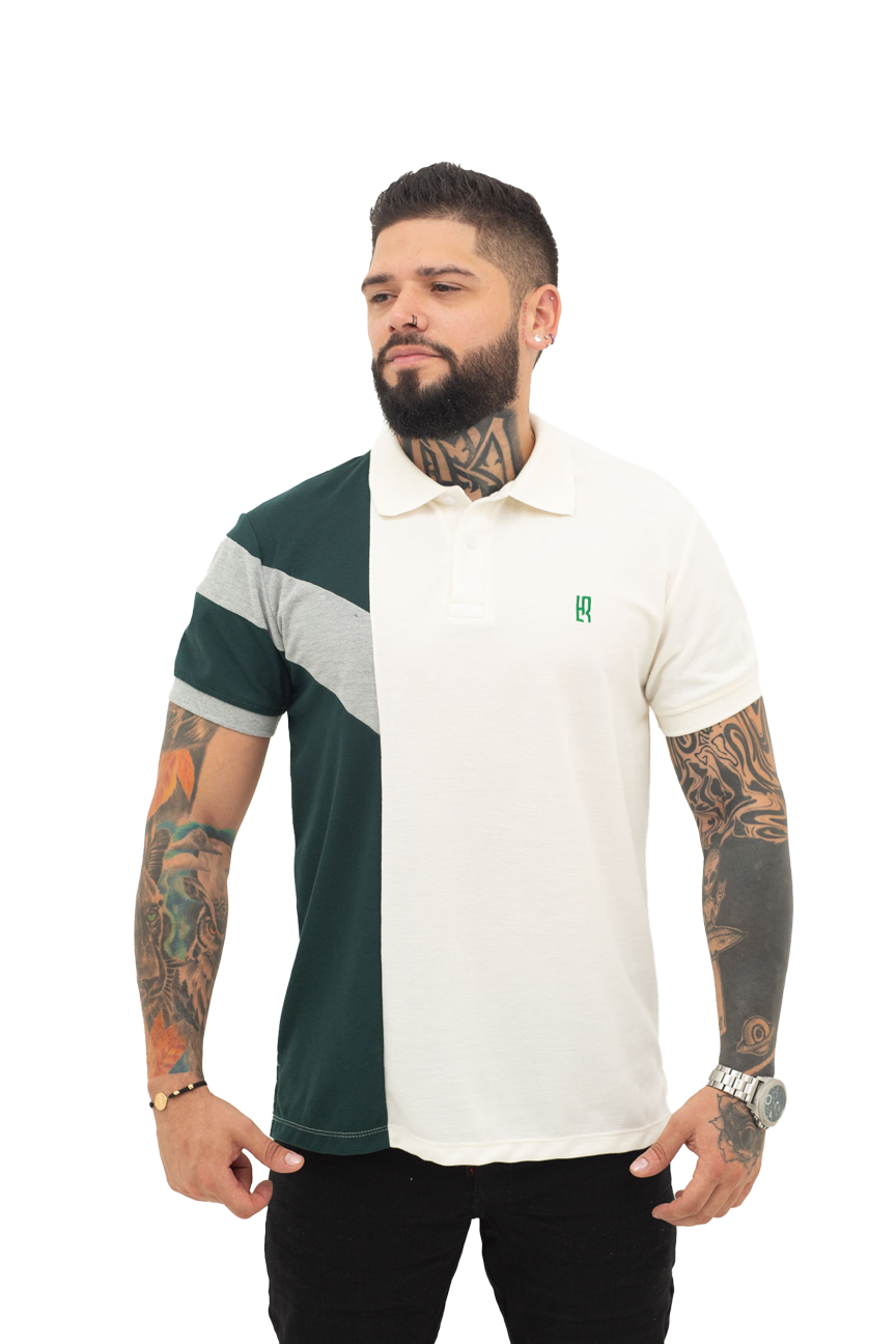 Camiseta Polo Combinada JASPE MARFIL VERDE BOTELLA- 068D