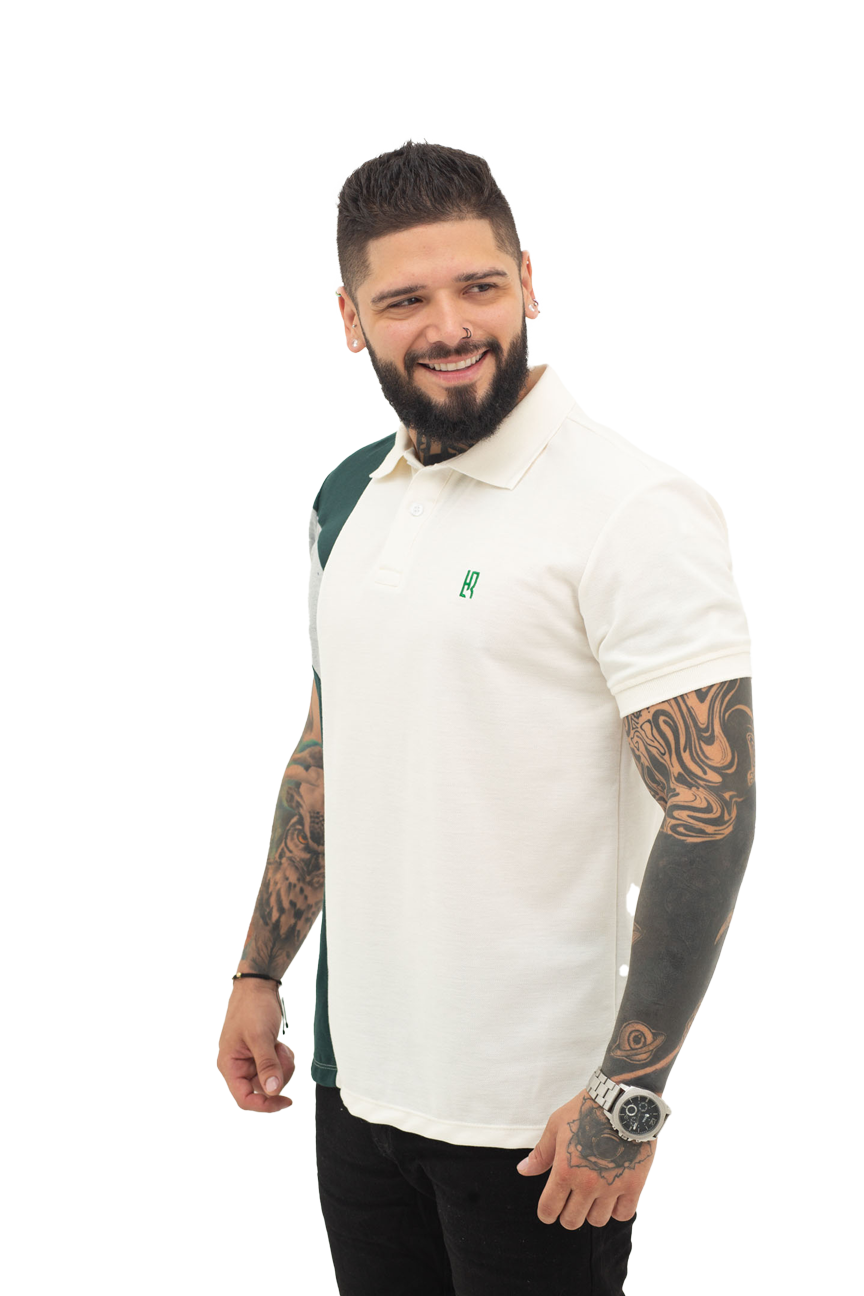 Camiseta Polo Combinada JASPE MARFIL VERDE BOTELLA- 068D