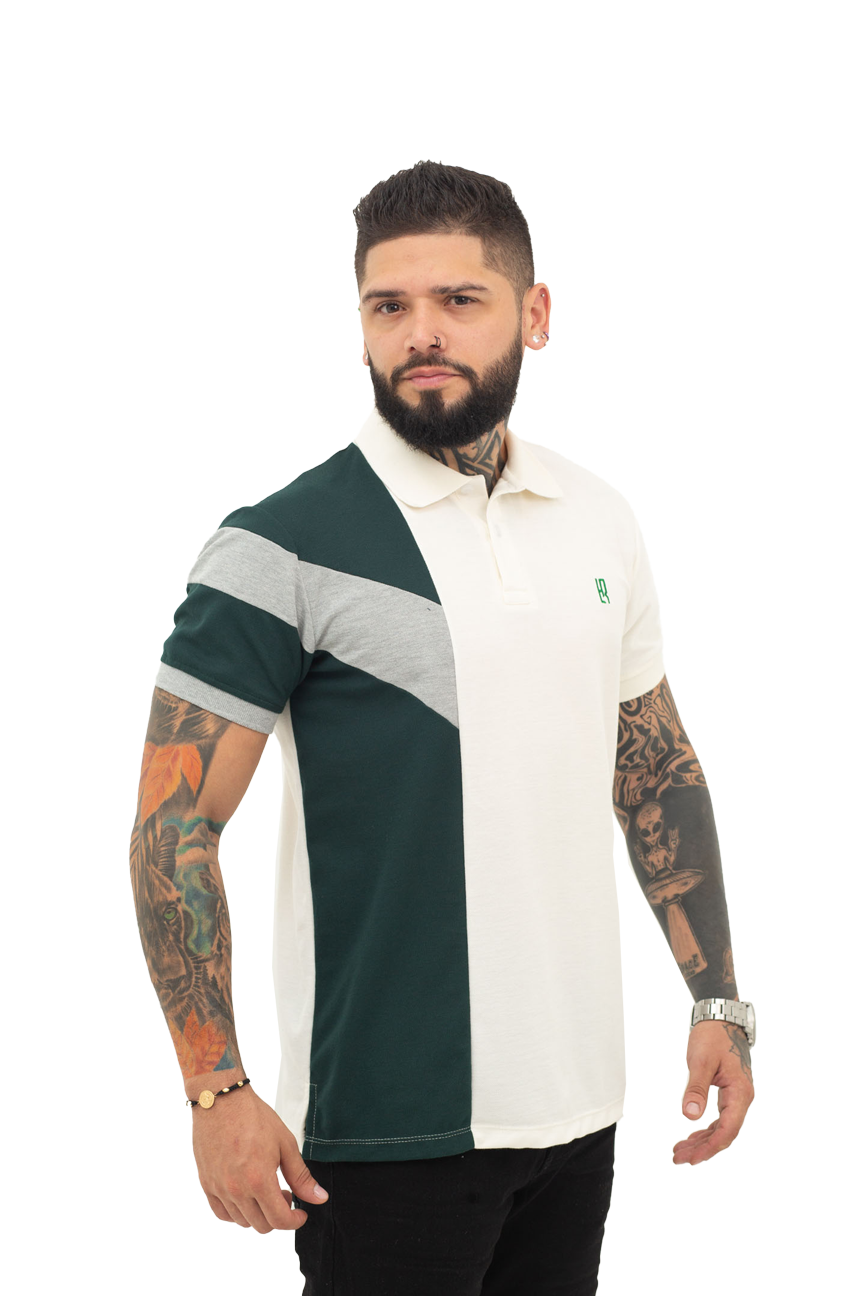 Camiseta Polo Combinada JASPE MARFIL VERDE BOTELLA- 068D