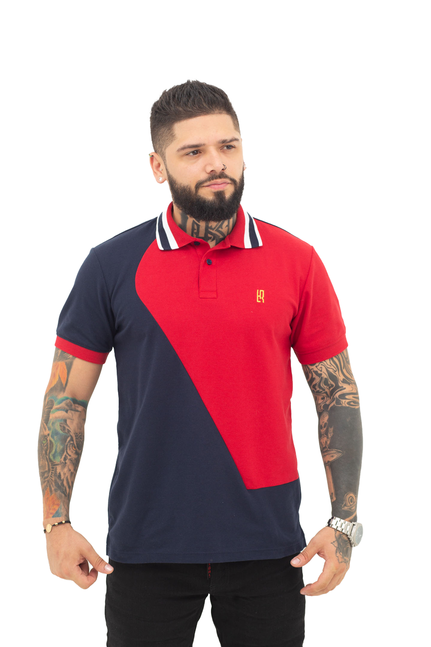 Camiseta Polo Combinada AZUL OSCURO ROJO- 069B