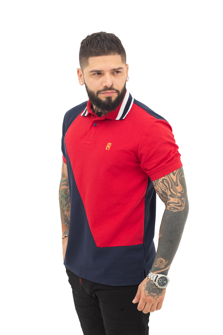 Camiseta Polo Combinada AZUL OSCURO ROJO- 069B