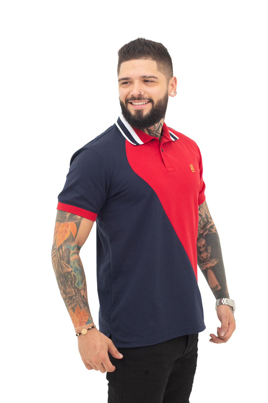 Camiseta Polo Combinada AZUL OSCURO ROJO- 069B