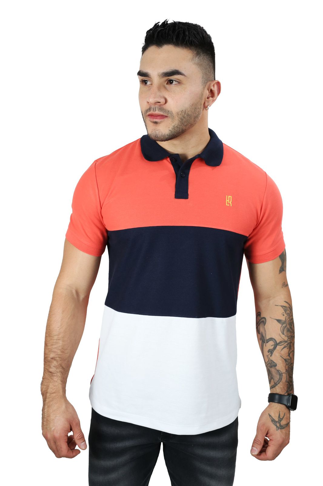 Camiseta Polo Combinada CORAL AZUL OSCURO BLANCO-040B