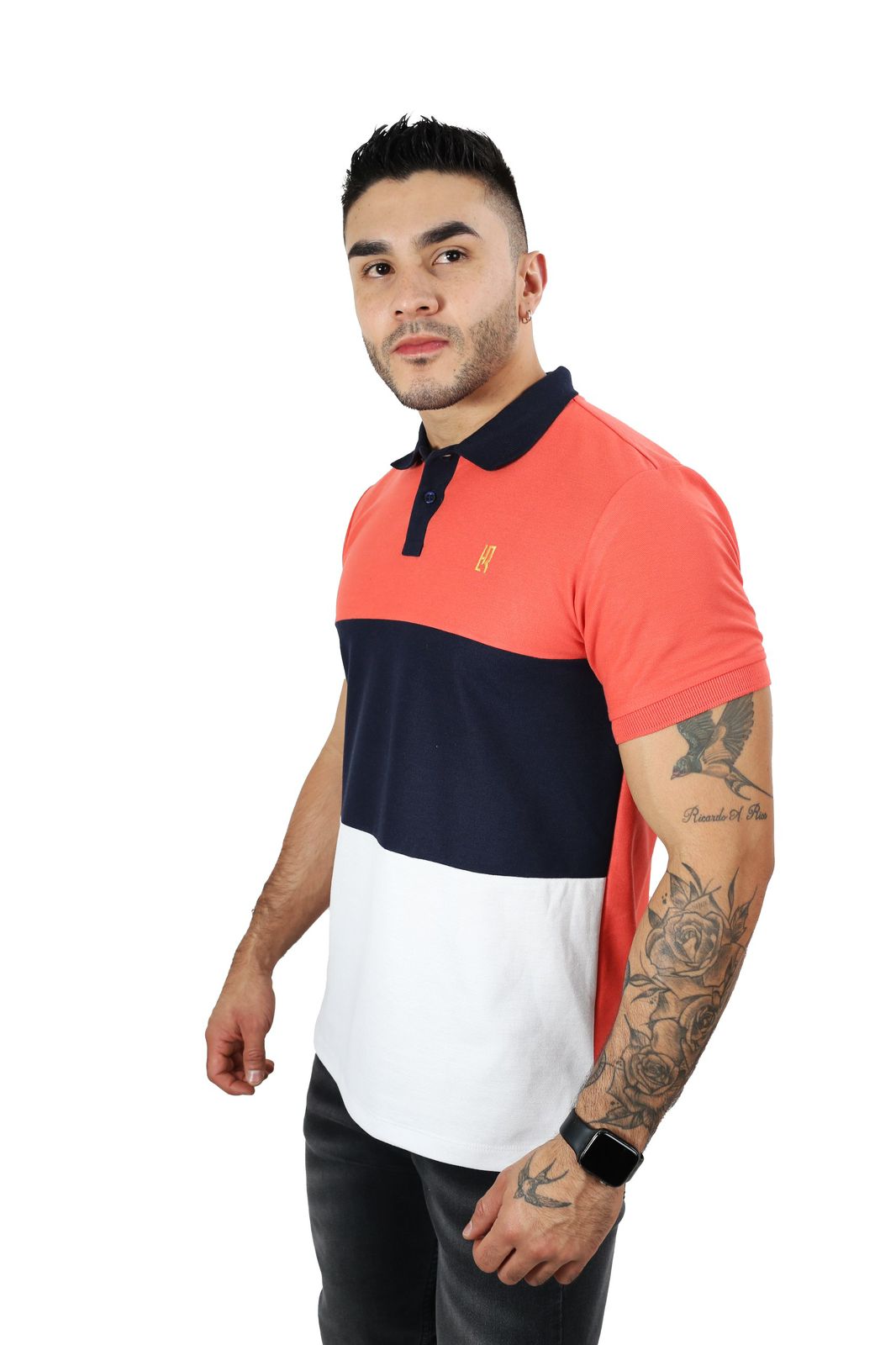 Camiseta Polo Combinada CORAL AZUL OSCURO BLANCO-040B