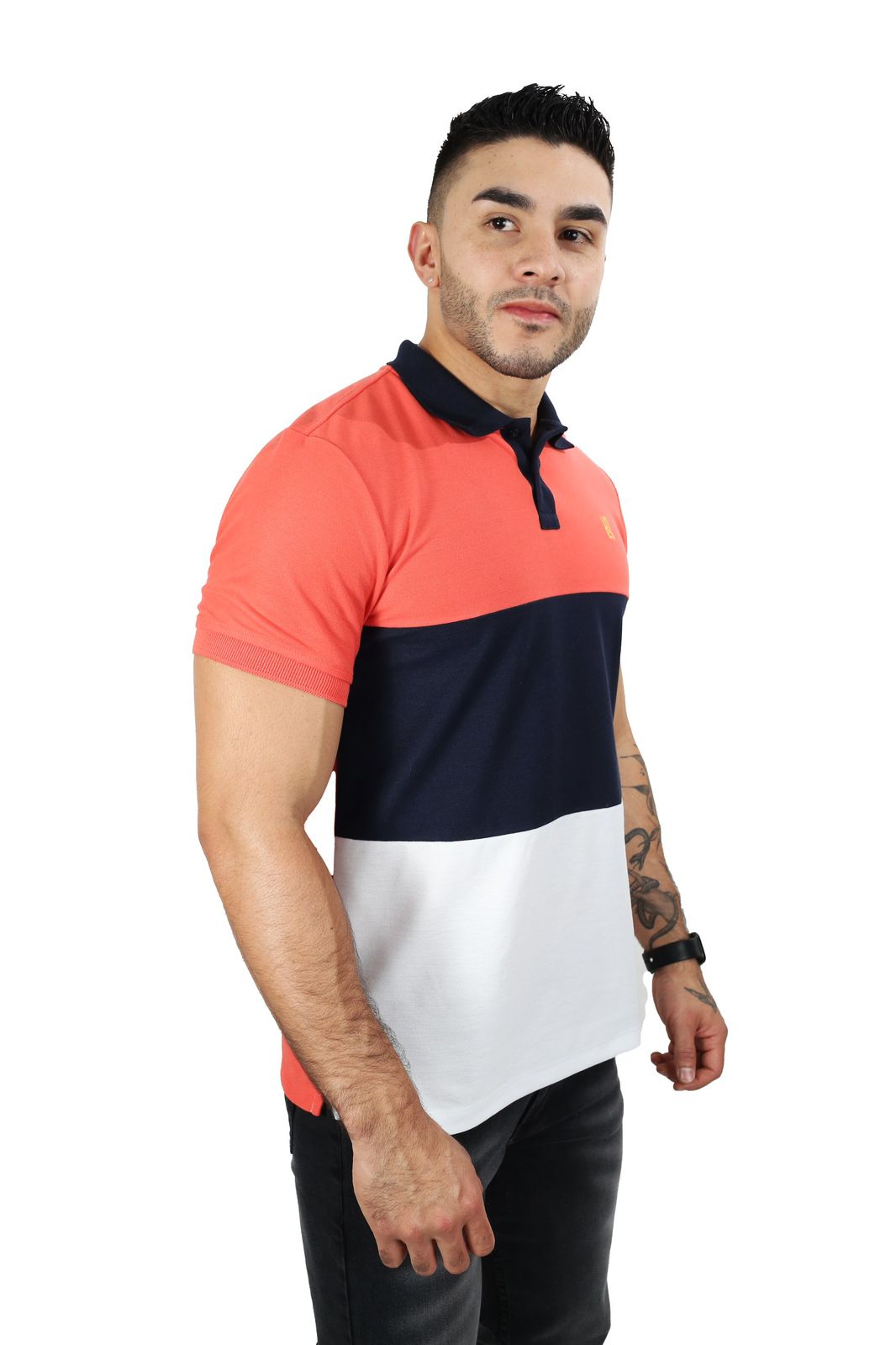 Camiseta Polo Combinada CORAL AZUL OSCURO BLANCO-040B