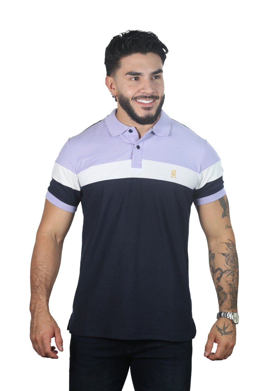 Camiseta Polo Combinada AZUL OSCURO BLANCO LILA-007G