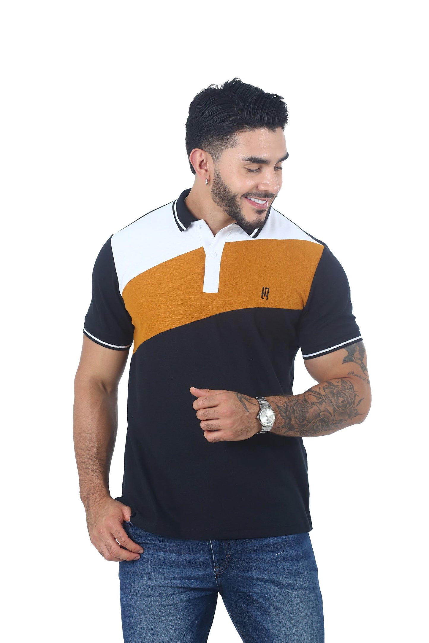 Camiseta Polo Combinada NEGRO BLANCO OCRE-064C