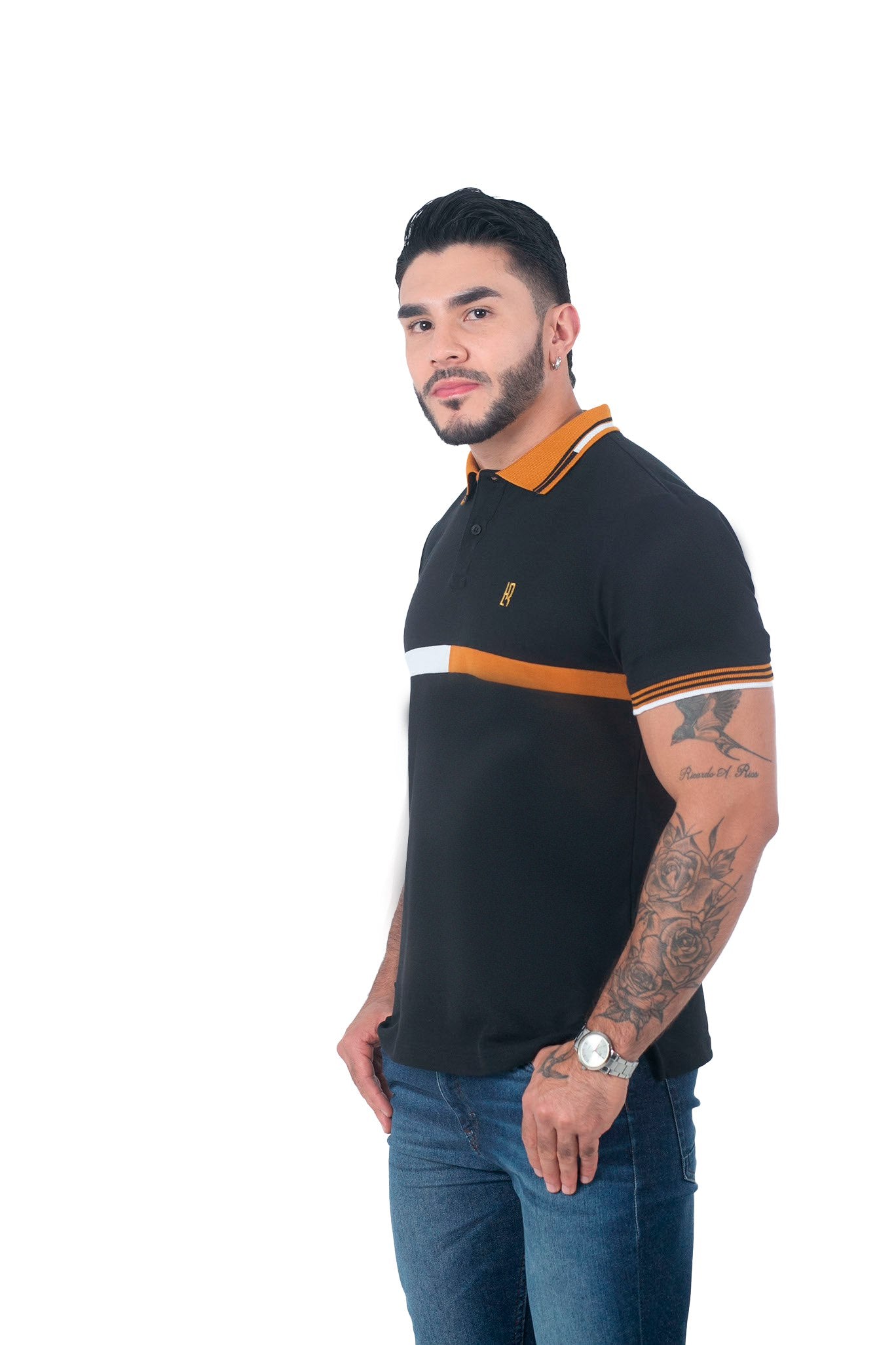 Camiseta Polo Combinada NEGRO BLANCO OCRE-060C