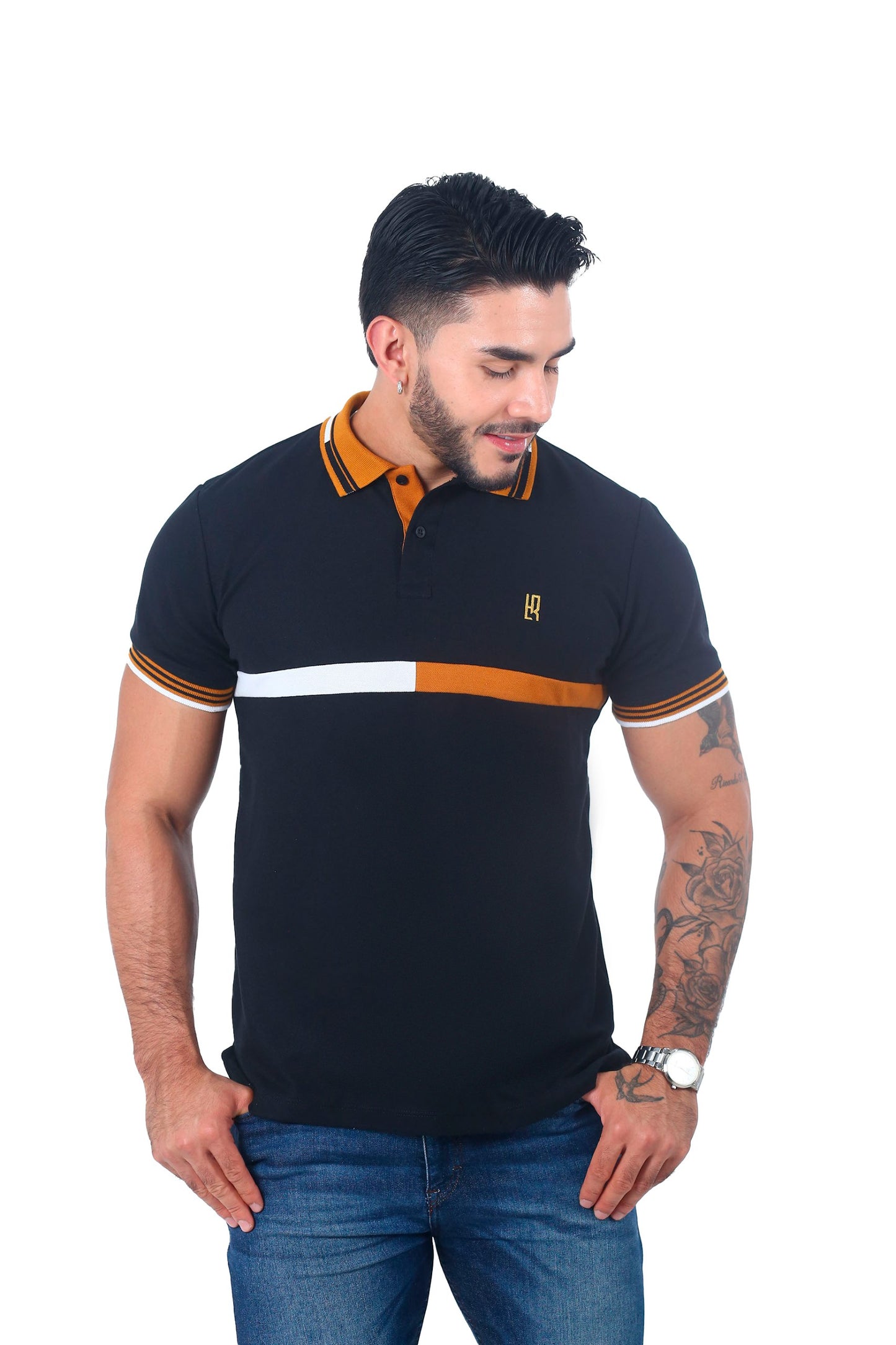 Camiseta Polo Combinada NEGRO BLANCO OCRE-060C