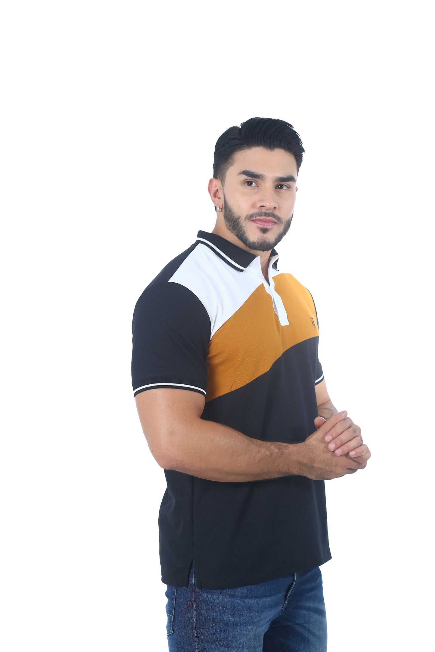 Camiseta Polo Combinada NEGRO BLANCO OCRE-064C