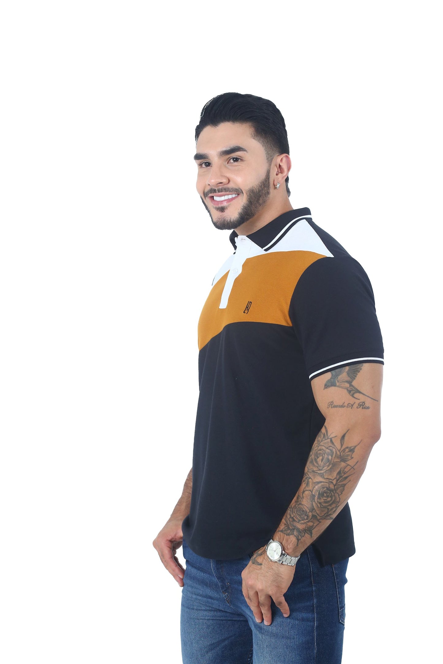 Camiseta Polo Combinada NEGRO BLANCO OCRE-064C