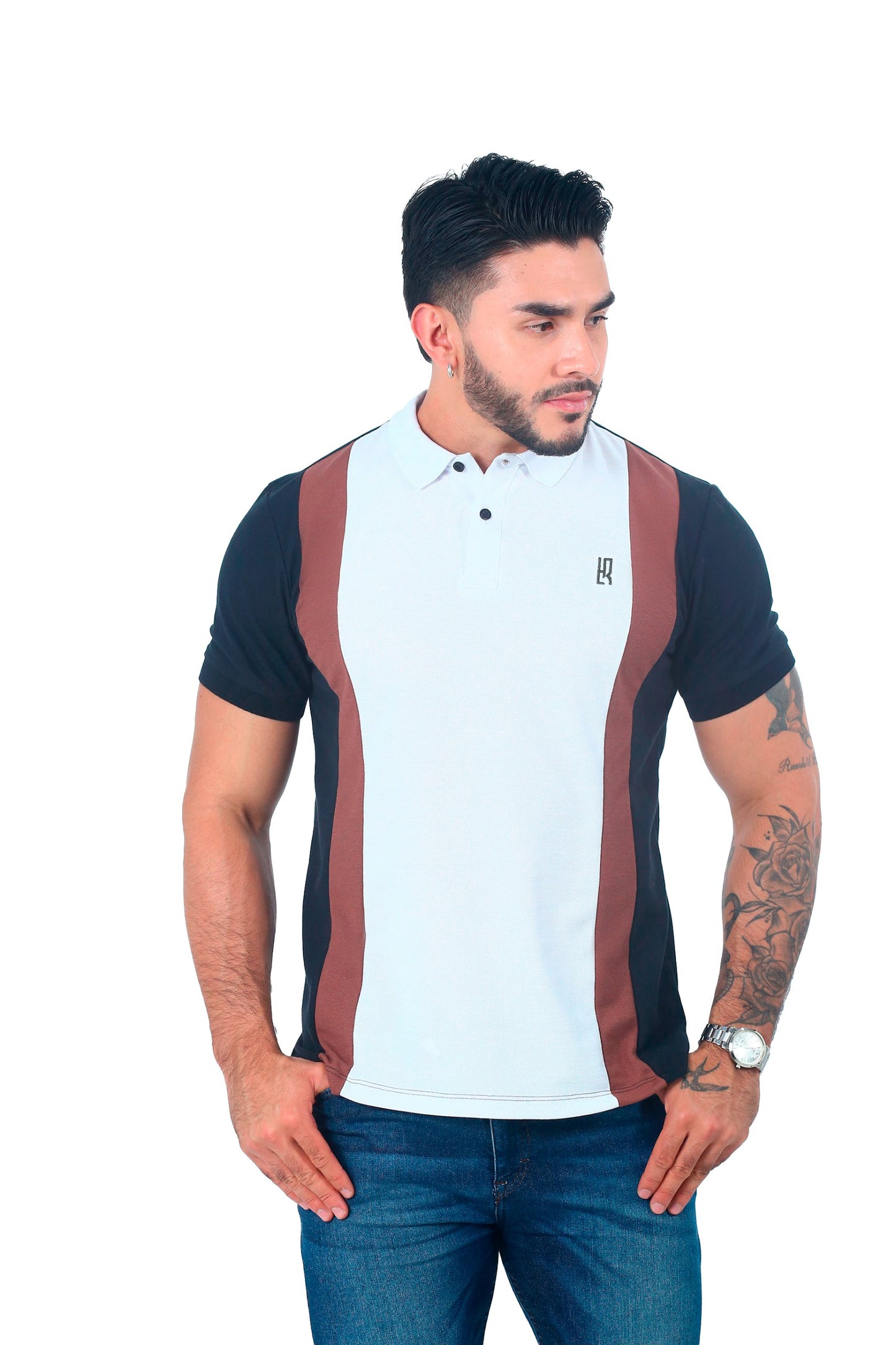 Camiseta Polo Combinada NEGRO BLANCO CAFE-058F