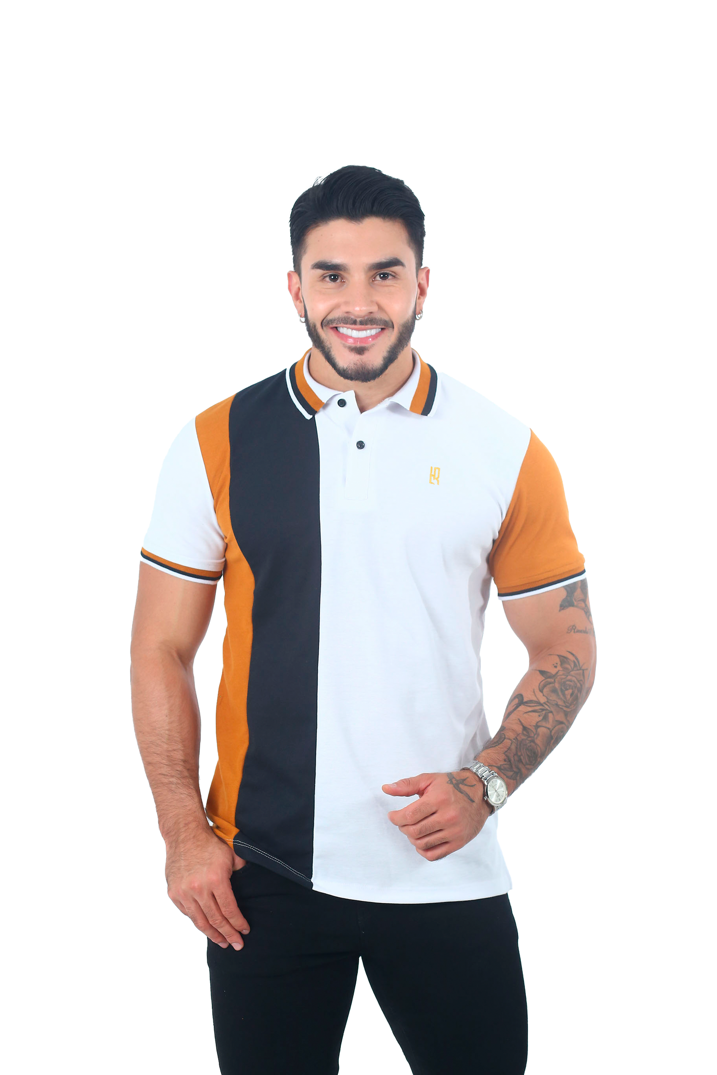 Camiseta Polo Combinada OCRE NEGRO BLANCO-016D