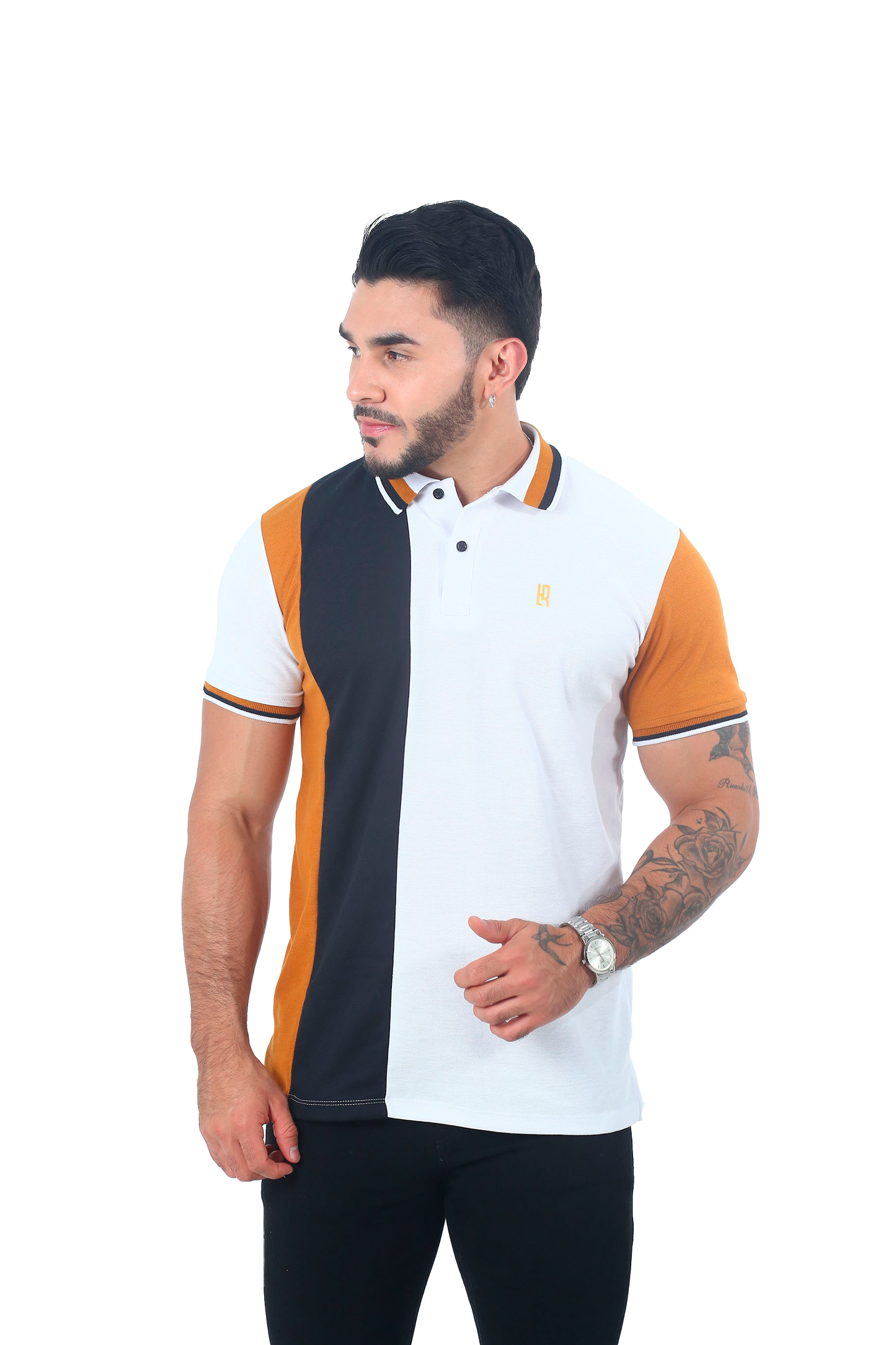 Camiseta Polo Combinada OCRE NEGRO BLANCO-016D