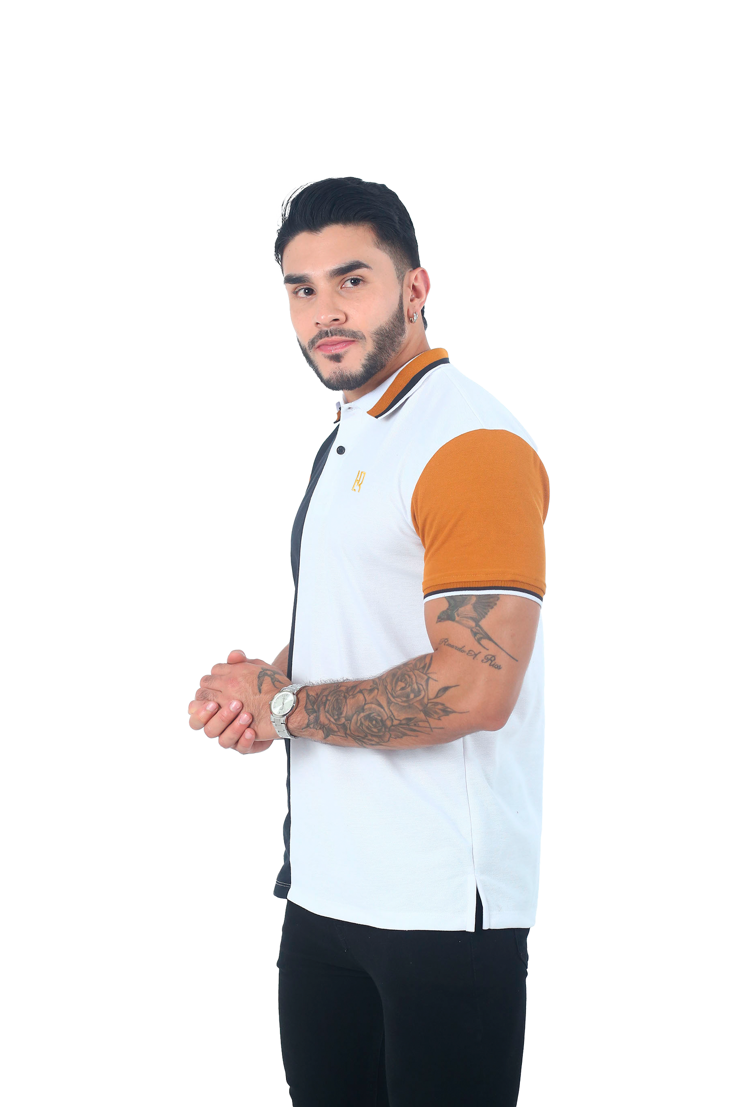 Camiseta Polo Combinada OCRE NEGRO BLANCO-016D