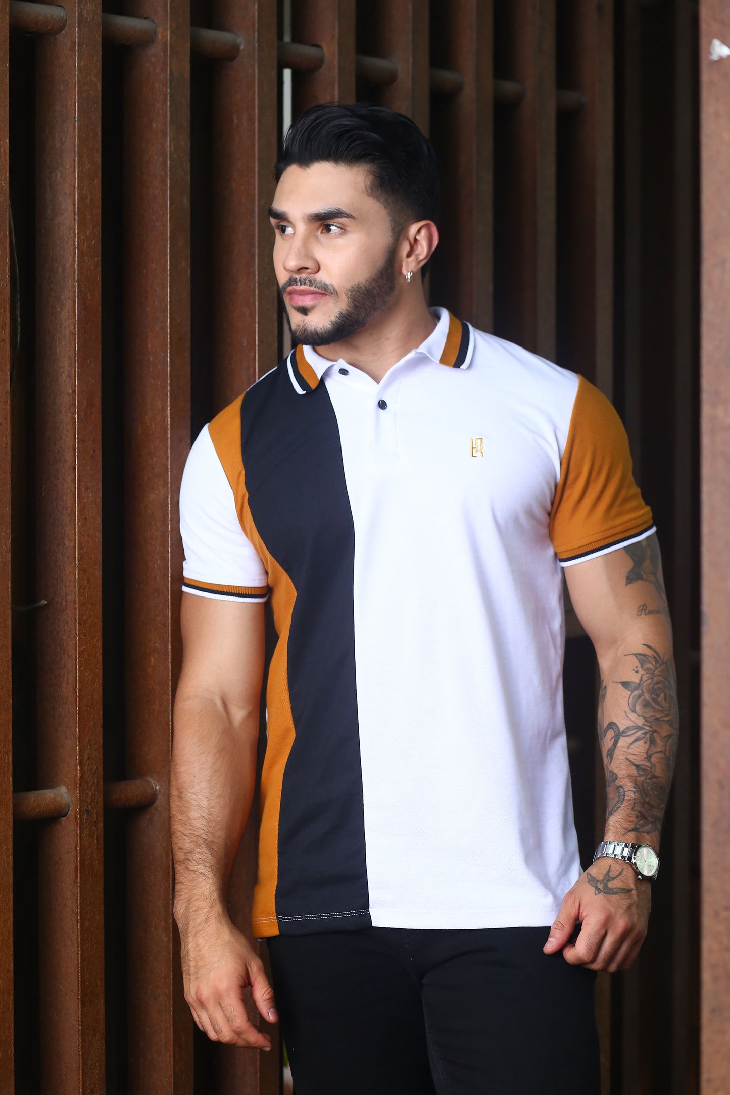 Camiseta Polo Combinada OCRE NEGRO BLANCO-016D