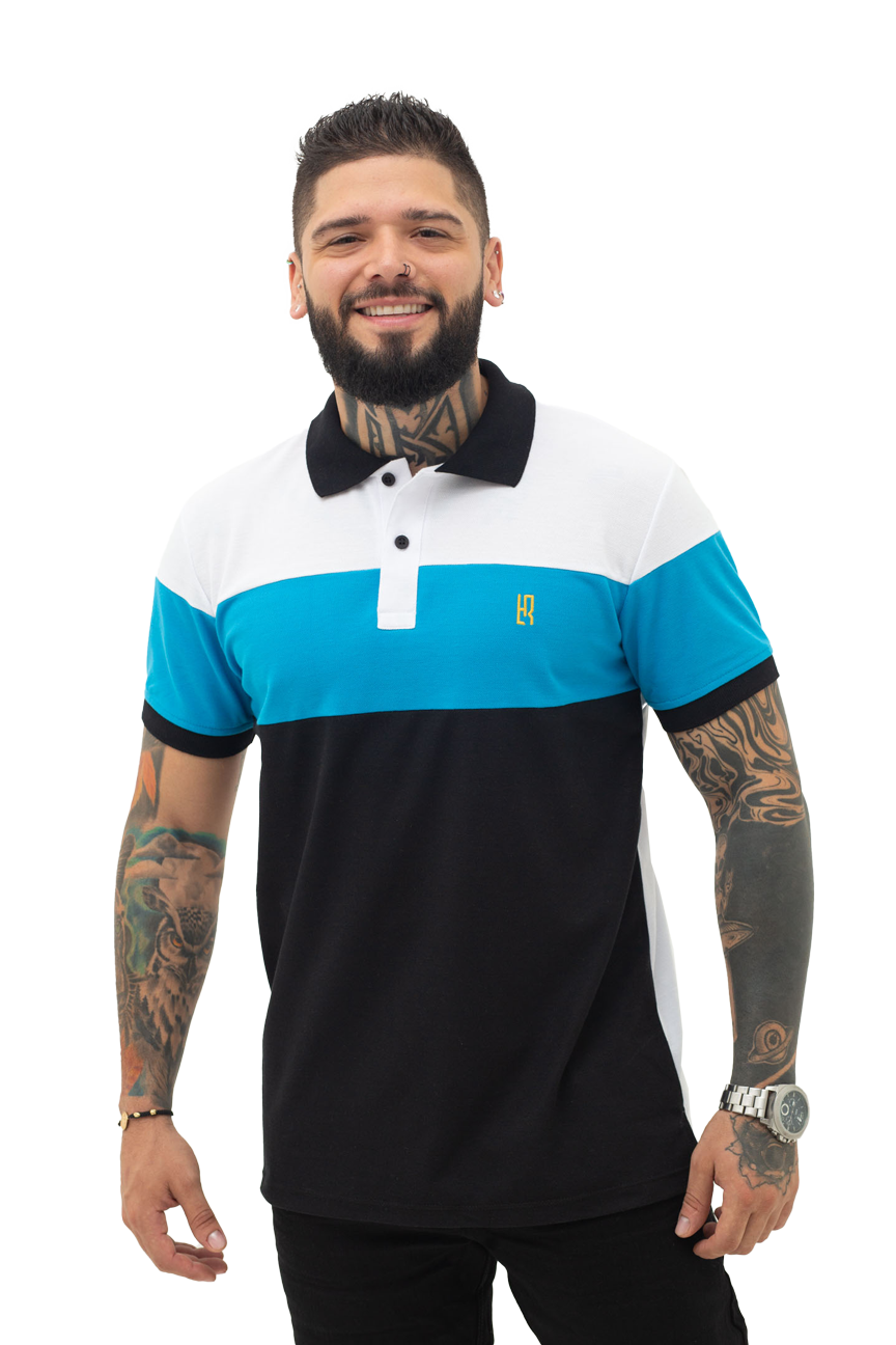 Camiseta Polo Combinada TURQUEZA BLANCO NEGRO-038I