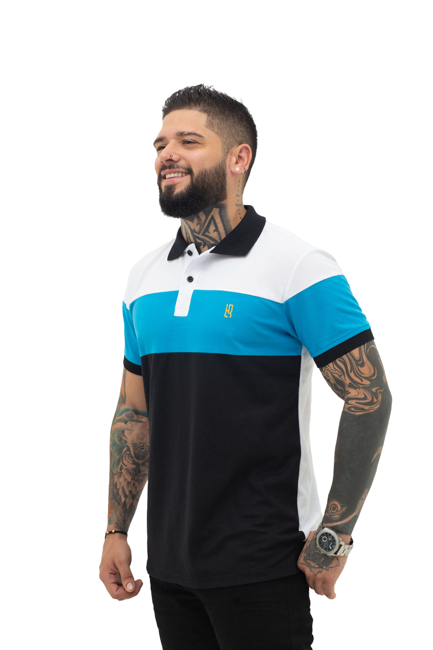 Camiseta Polo Combinada TURQUEZA BLANCO NEGRO-038I