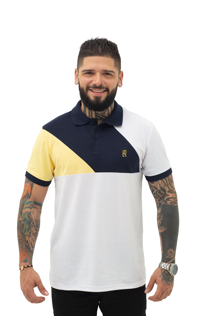 Camiseta Polo Combinada BLANCO AMARILLO AZUL OSCURO 042B