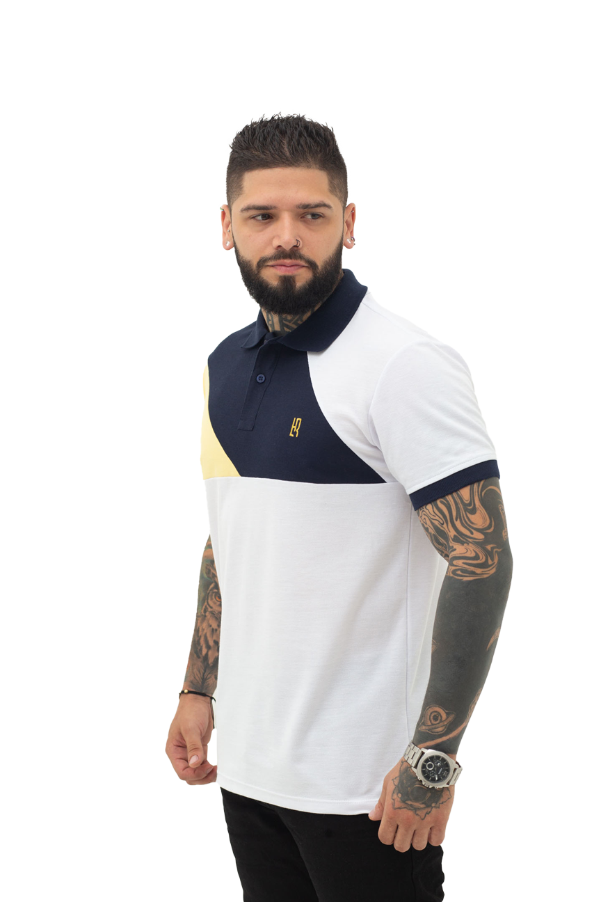 Camiseta Polo Combinada BLANCO AMARILLO AZUL OSCURO 042B