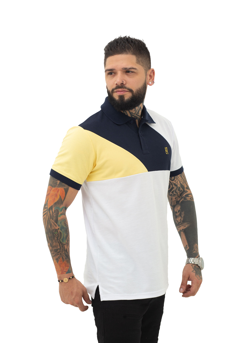 Camiseta Polo Combinada BLANCO AMARILLO AZUL OSCURO 042B