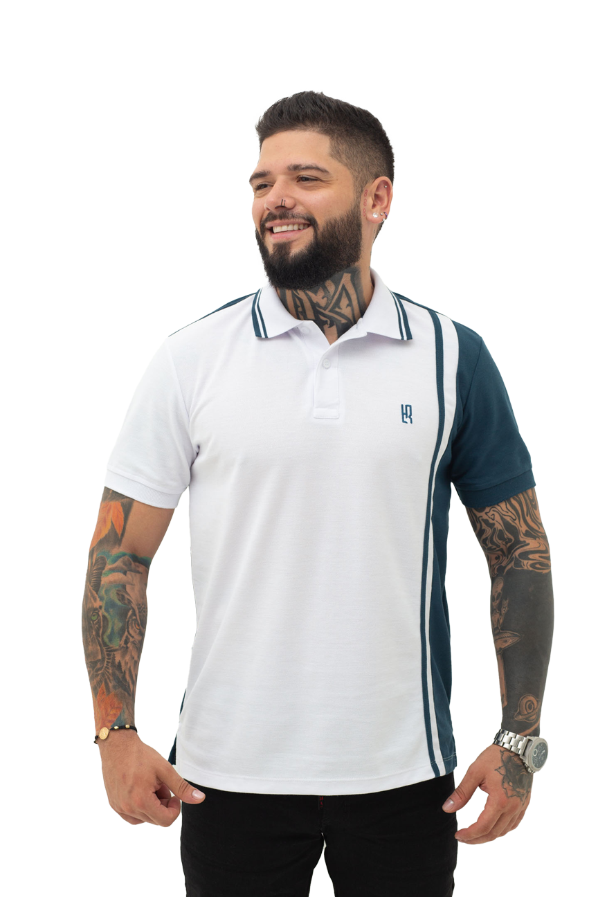 Camiseta Polo Combinada BLANCO PETRÓLEO 065D