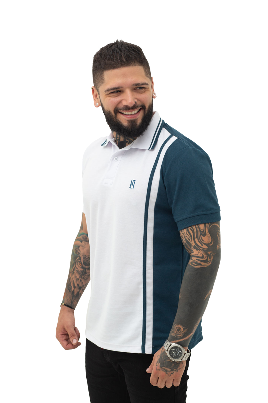 Camiseta Polo Combinada BLANCO PETRÓLEO 065D