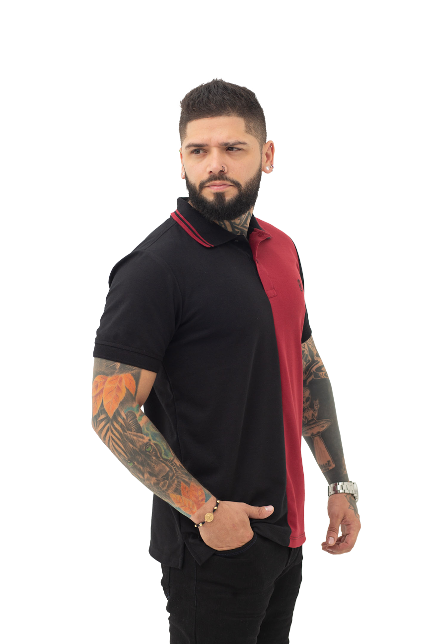 Camiseta Polo Combinada NEGRO VINO TINTO 067C