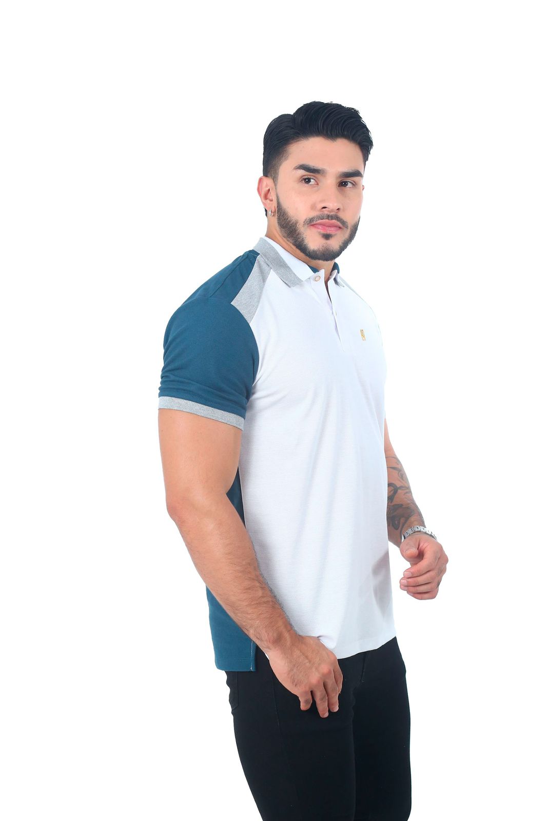 Camiseta Polo Combinada BLANCO JASPE PETROLEO-062D