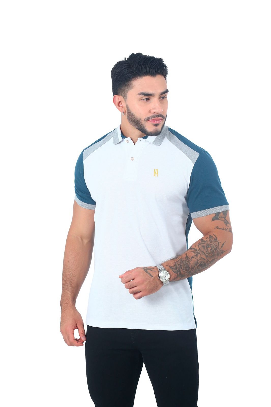 Camiseta Polo Combinada BLANCO JASPE PETROLEO-062D