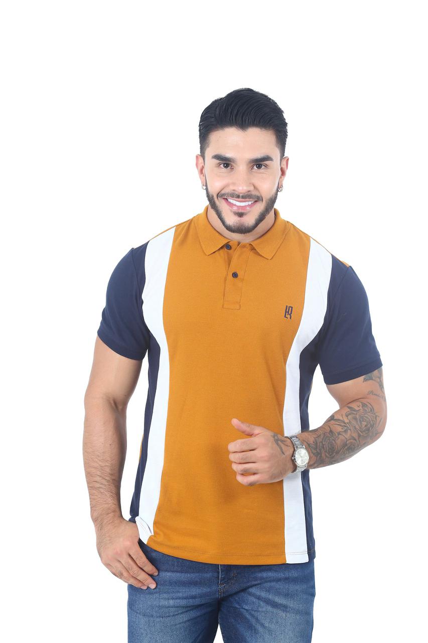 Camiseta Polo Combinada OCRE BLANCO AZUL OSCURO-058C