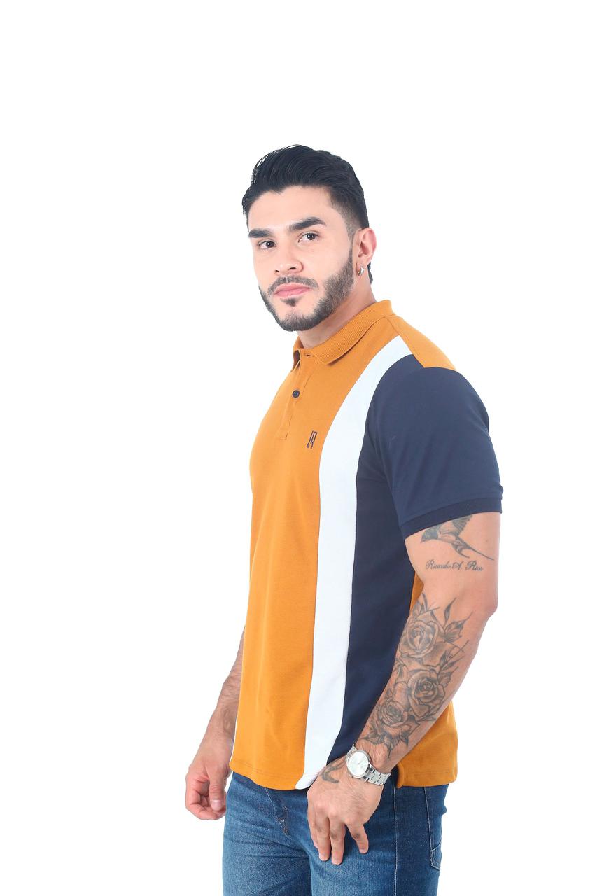 Camiseta Polo Combinada OCRE BLANCO AZUL OSCURO-058C