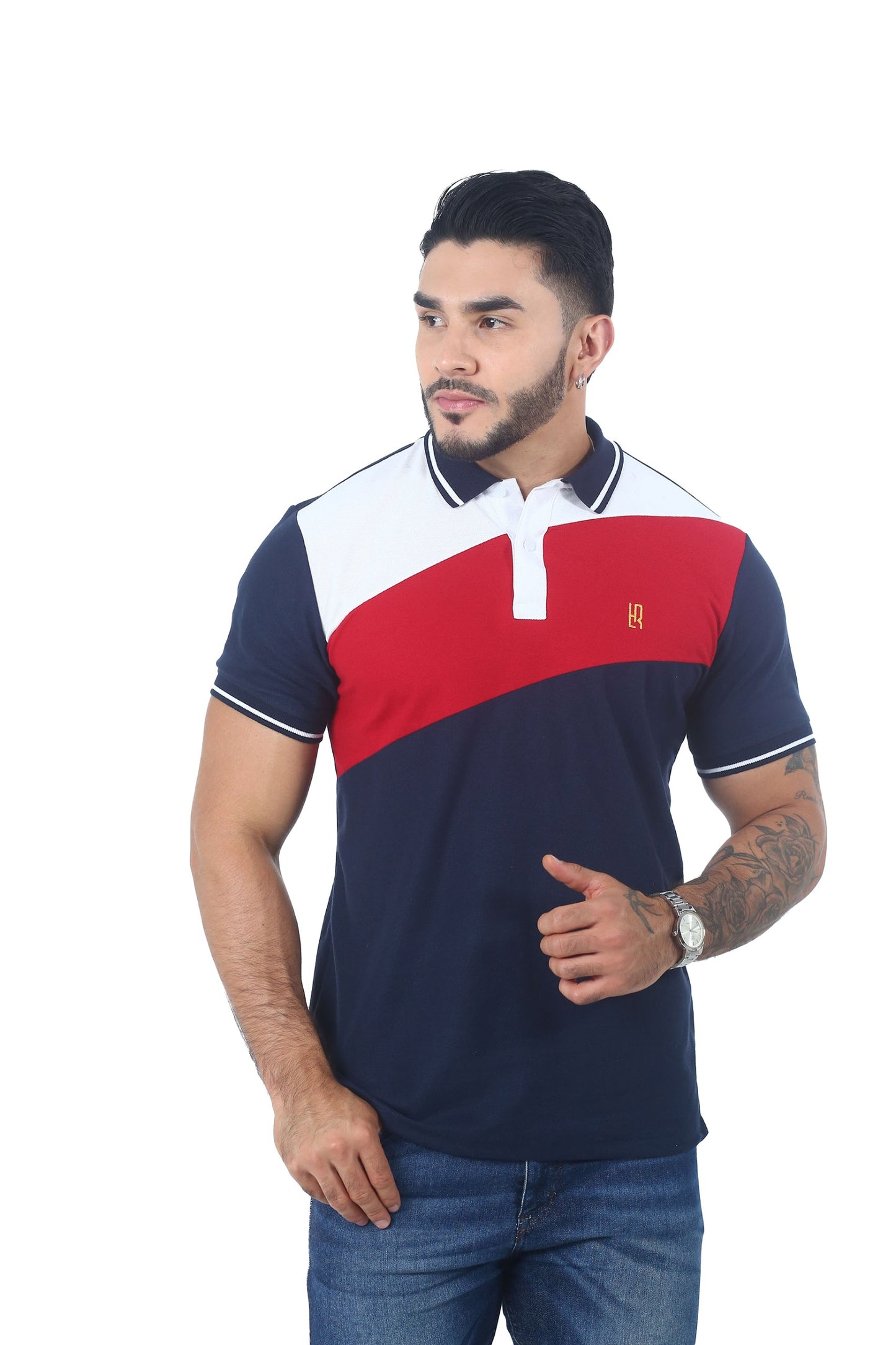 Camiseta Polo Combinada BLANCO ROJO AZUL OSCURO-064A