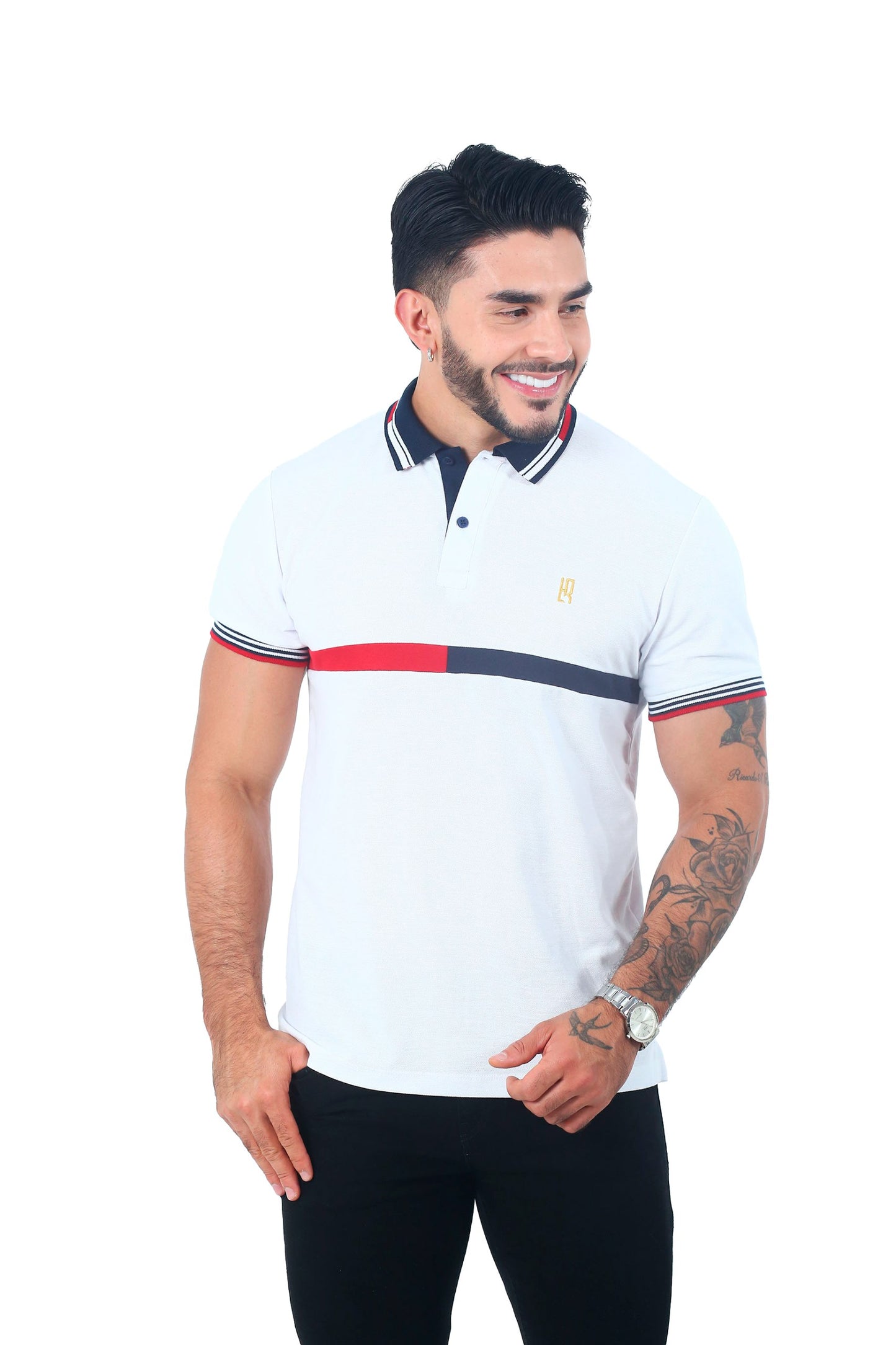 Camiseta Polo Combinada BLANCO-ROJO-AZUL OSCURO-060A